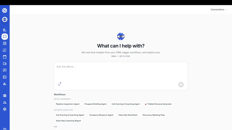The Tribble chat surface sellers ask from, with its workflows listed