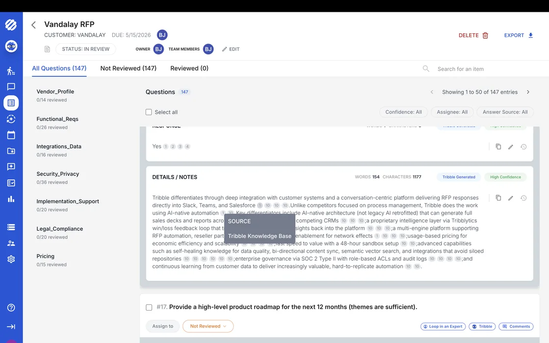 A Tribble Respond project: drafted answers with the source cited beside each one